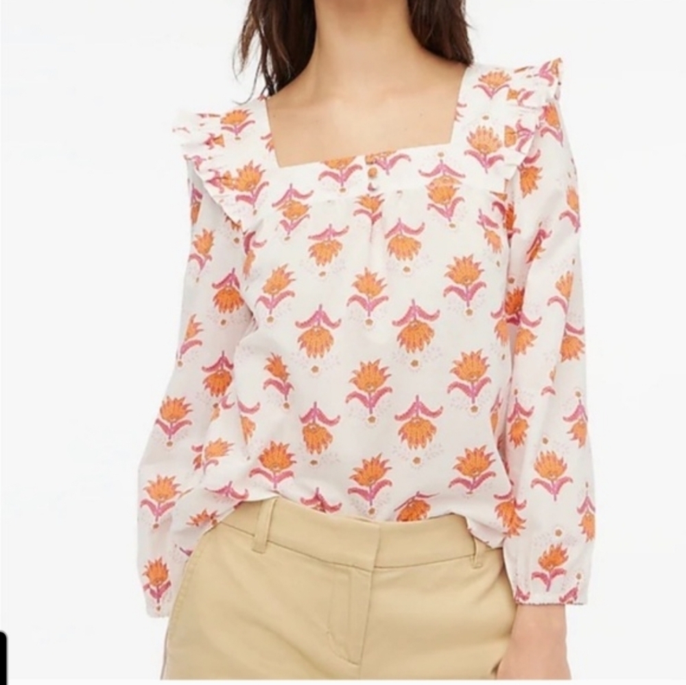 J. Crew Squareneck Ruffle Top Floral Long Sleeves Pink Orange Small
